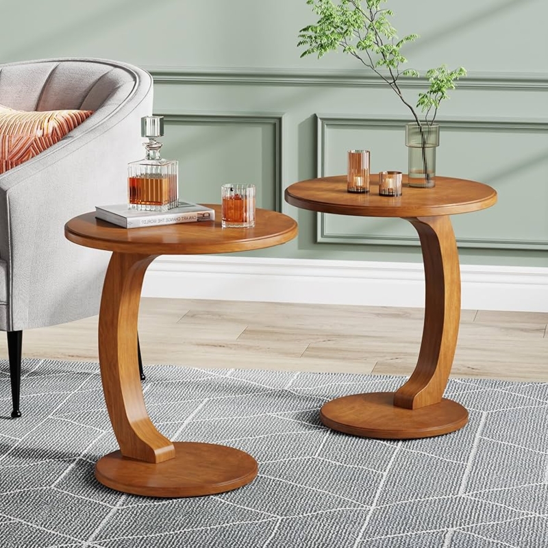 Set of Two C-Shaped Side Tables with Round Wood Tops