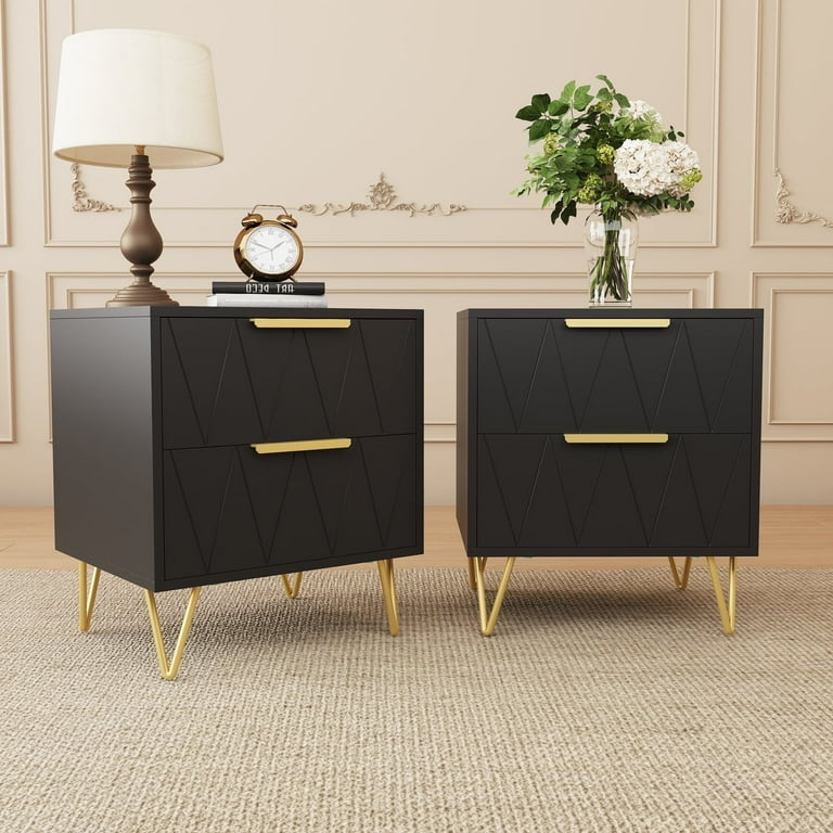 Set of Two Nightstands with Brass-Toned Bar Pulls, Matte Finish