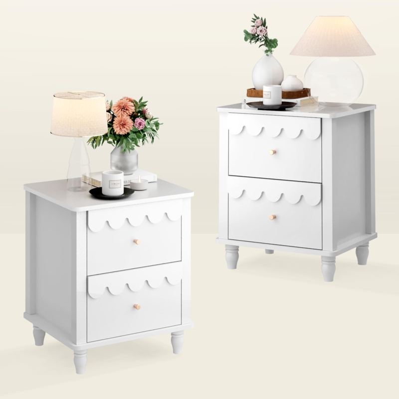 Set of Two Nightstands with Petal Pattern and Tapered Wood Legs