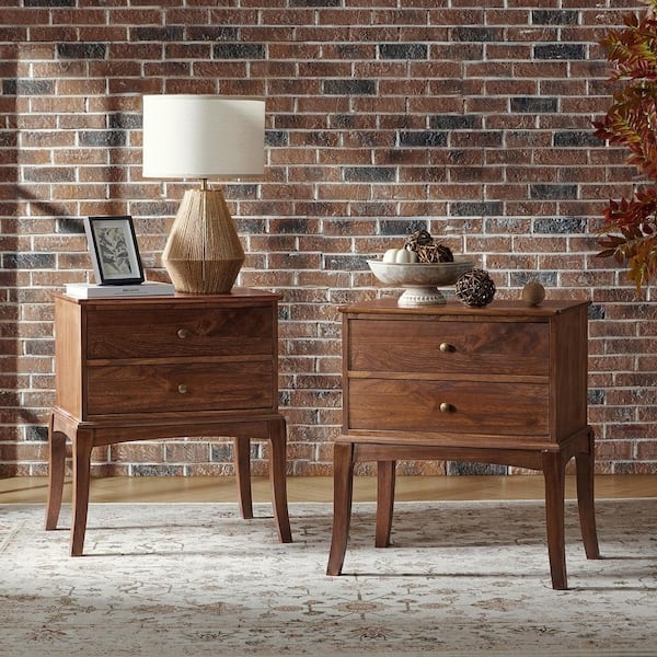 Set of Two Walnut Nightstands featuring Square Gold Knobs