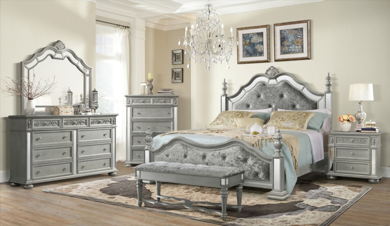 Shimmering Silver Bed with Tall Paneled Headboard and Nightstands