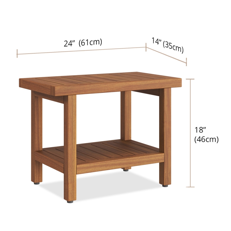 Shower Bench Teak Like Spa Style with Concave Slatted Seat and Shelf