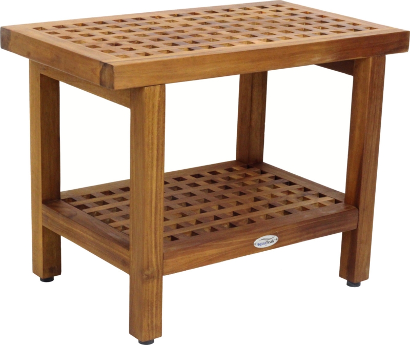 Shower Bench White Slatted Wood with Curved Top and Grate Shelf