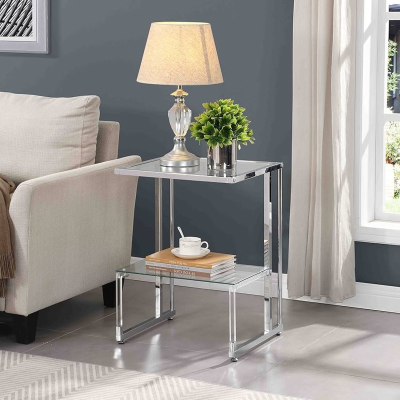 Side Table 2-Tier Chrome and Acrylic Clear Glass Shelves