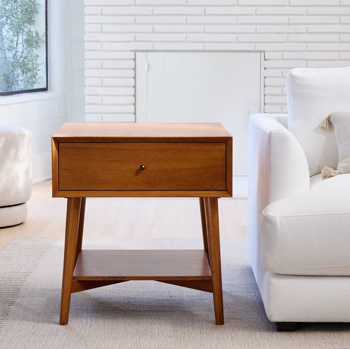 Side Table Acorn Finish Single Drawer Tapered Legs Mid Century
