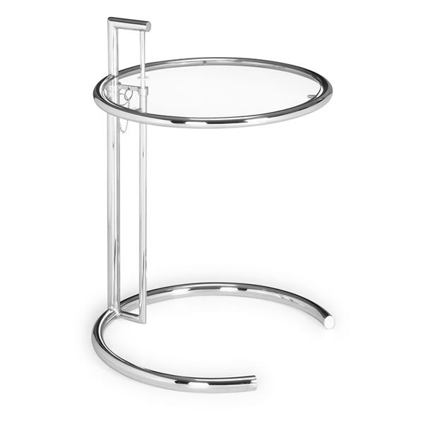 Side Table Adjustable Height C-Shaped Chrome Glass Top