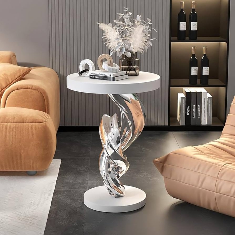 Side Table, Art Deco Silver, Twisted Sculptural Base, Accent Table