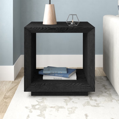 Side Table Black Wood Grain Open Lower Shelf Square Silhouette