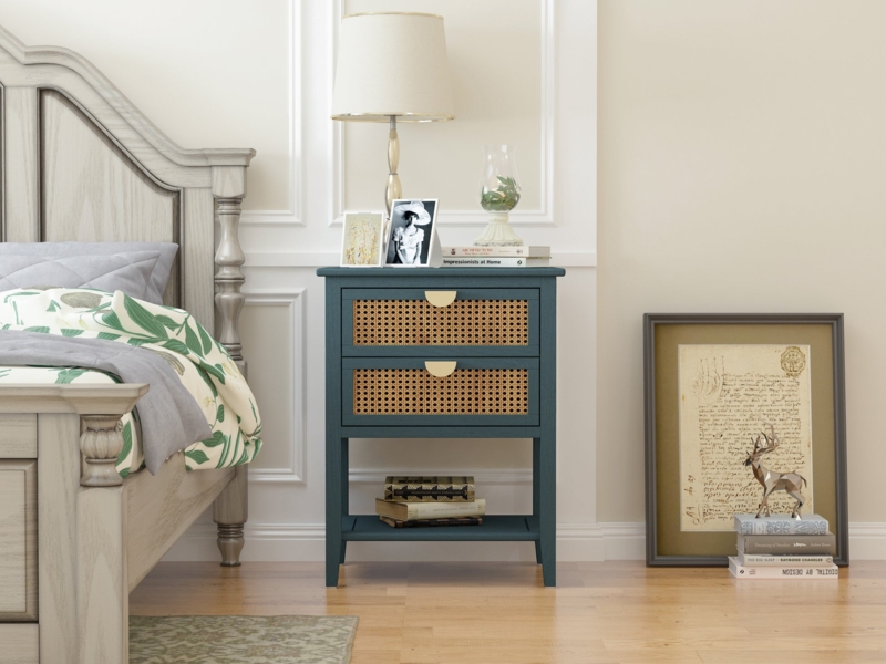 Side Table Boho Nightstand Rattan Drawers Slim Black Metal Legs Natural