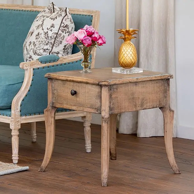 Side Table Breadboard Ends Natural Pine Visible Knots Single Drawer