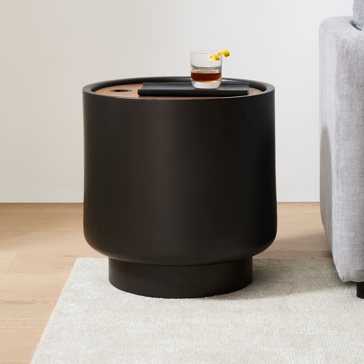 Side Table Bronze Textured Metal Wood Top Hidden Storage Table
