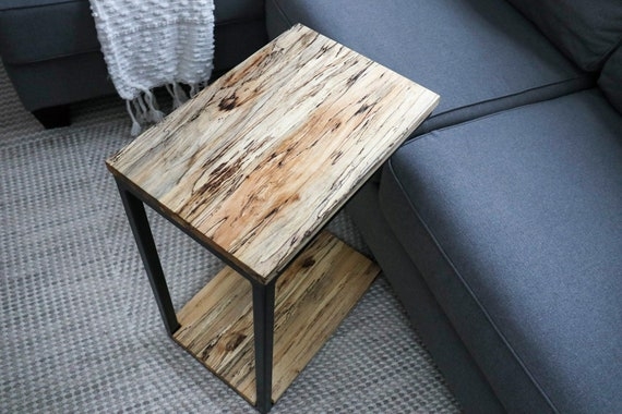 Side Table C-Shaped Base, Industrial Style, Live Edge Detail.