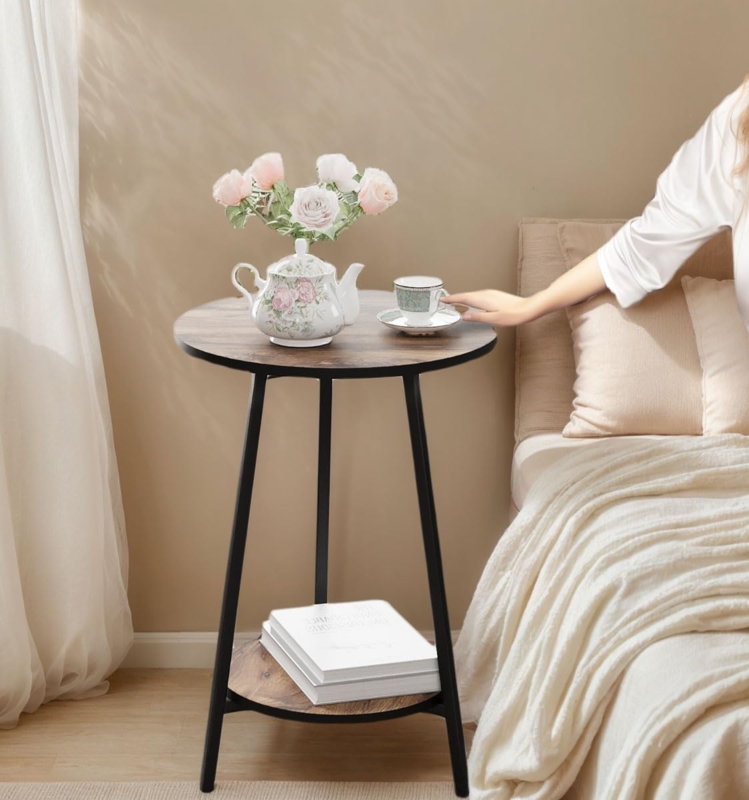 Side Table C-Shaped Base Round Top Wood Toned, Industrial Style