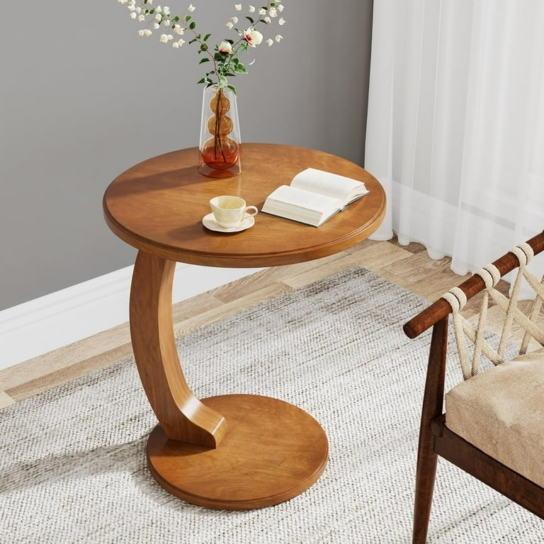 Side Table C-Shaped Industrial Metal Wood Grain Small Space