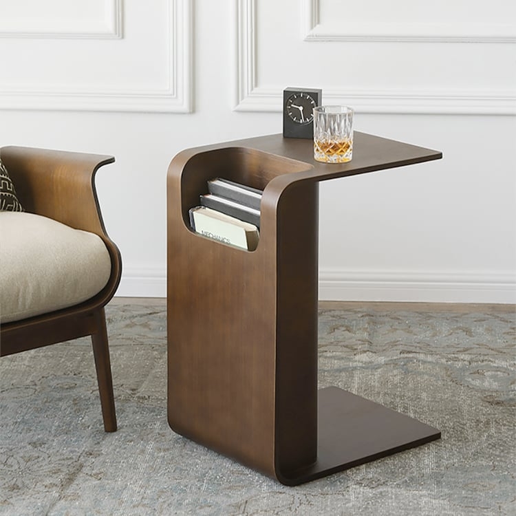 Side Table C Shaped Silhouette Walnut Wood Minimalist