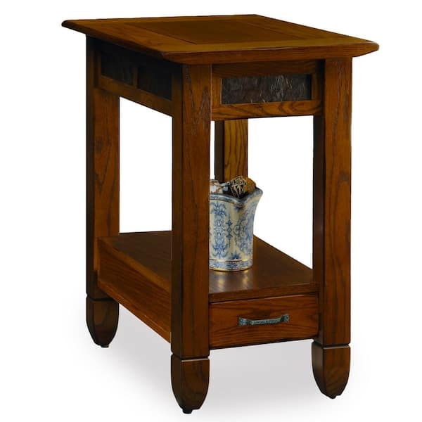 Side Table Canted Tapered Legs Drawer, Rustic Oak Tile Accents.