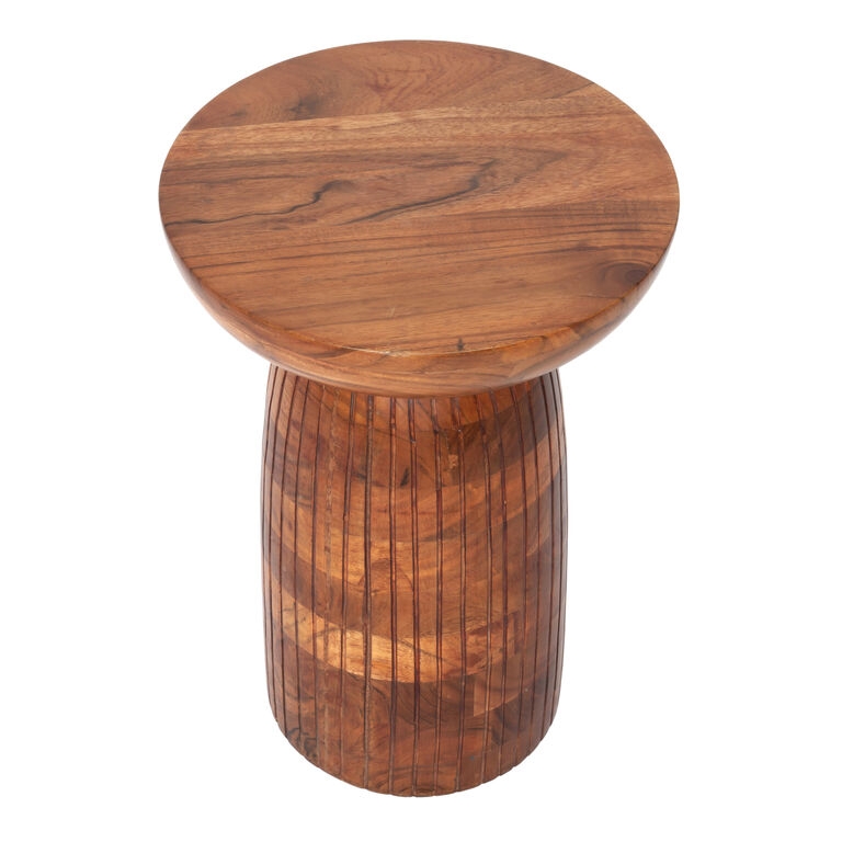 Side Table Carved Pedestal Base Lipped Top Edge Boho Style