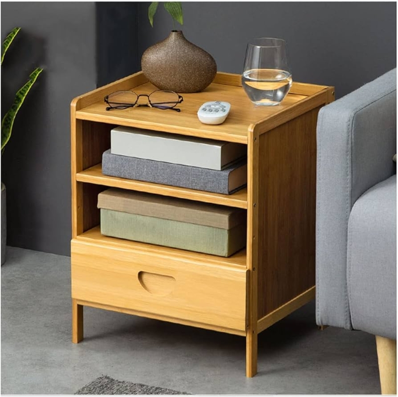 Side Table Central Drawer Metal Mesh Base Tiered Shelves Industrial