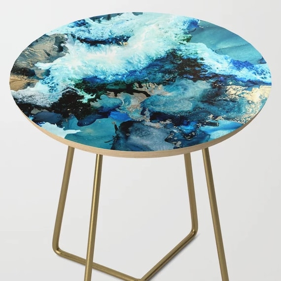 Side Table, Coastal Ocean Art Top, Blue Resin, Light Wood Frame