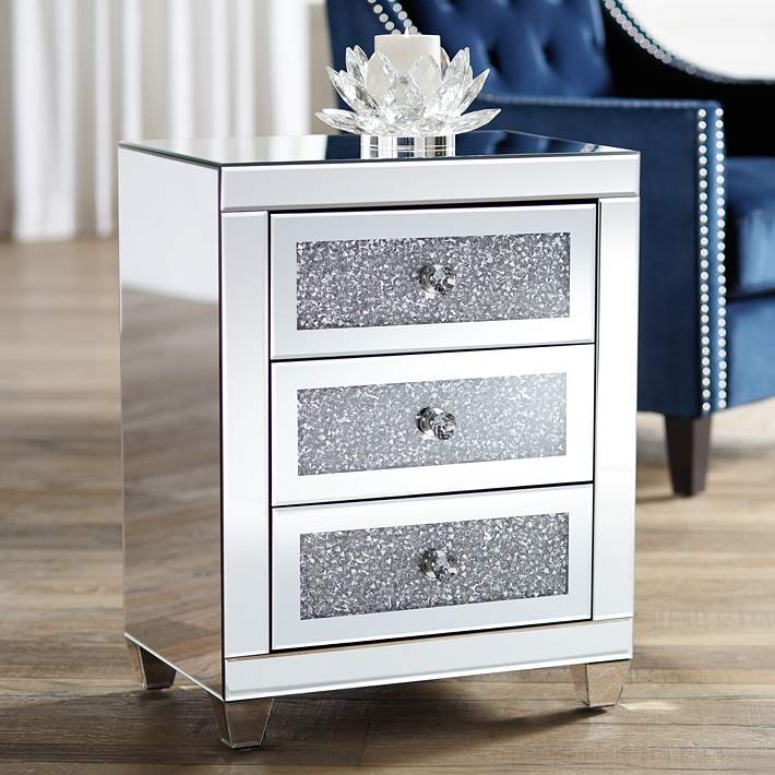 Side Table, Contemporary Mirrored 3-Drawer with Beveled Edges