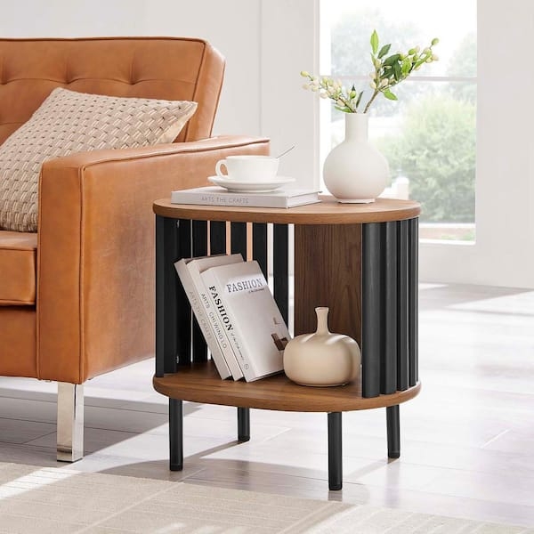 Side Table Cross Base, Mid-Century Modern Walnut and Black Metal.