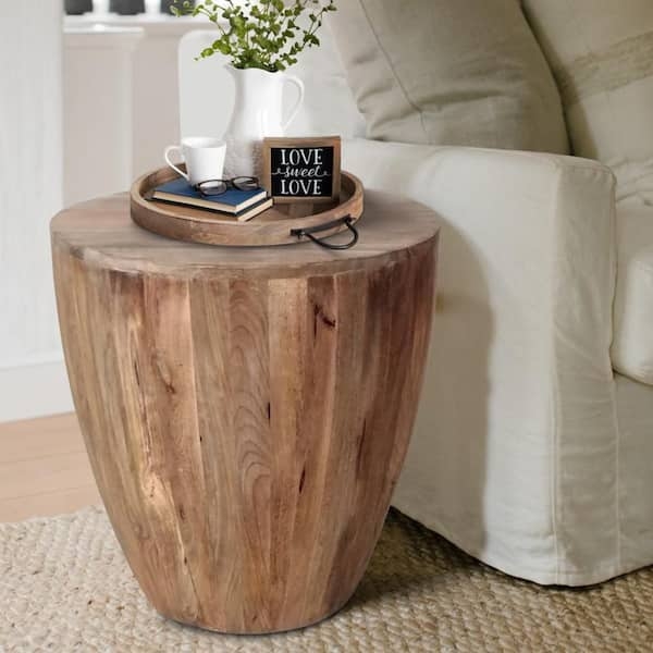 Side Table Cylindrical Shape Hand Carved Scrollwork Distressed