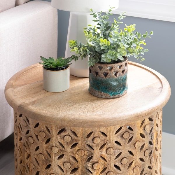 Side Table Distressed Carved Petal Pedestal Round