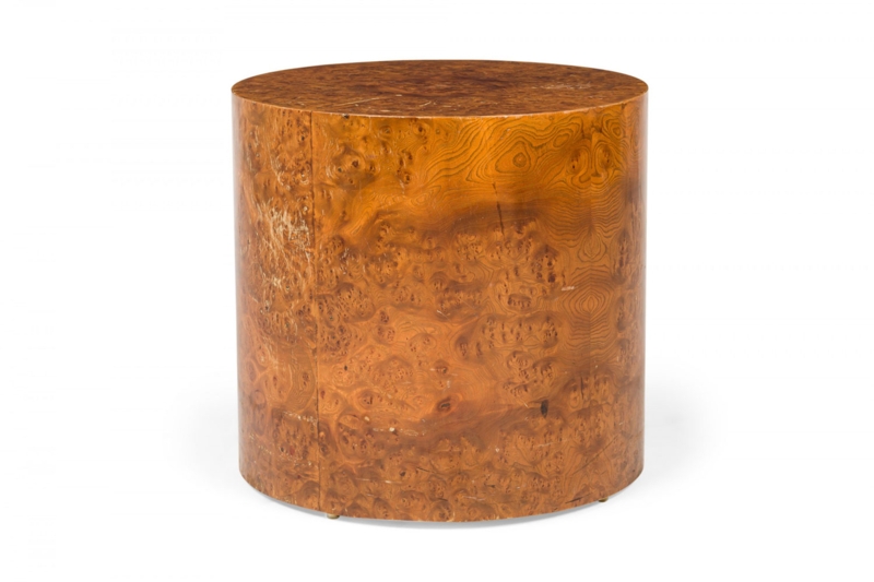 Side Table Drum Form with Glossy Olive Ash Burl Veneer