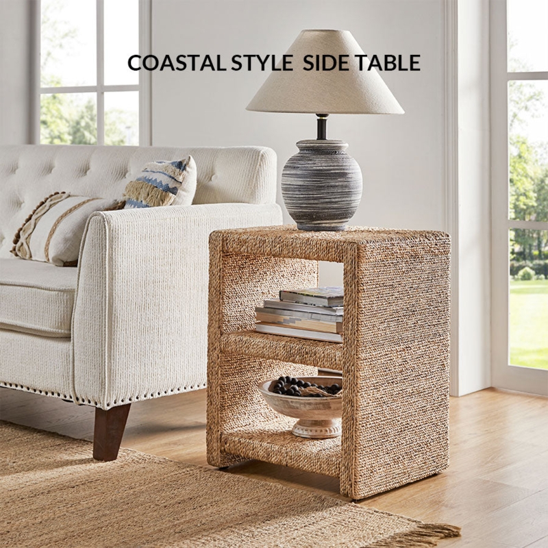 Side Table Drum with Grass Rope Accent, Woven Rope Accent End Table