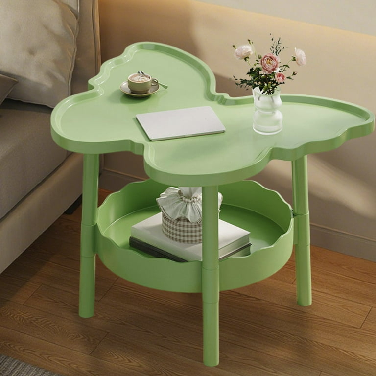 Side Table, Dusty Blue Plastic, Circular Two-Tier Design, Functional