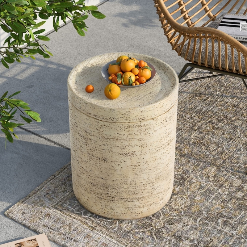 Side Table Fluted Concrete Round Top Outdoor Patio Accent Styling