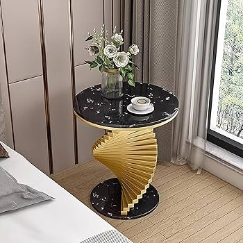 Side Table, Geometric Black Metal Base, White Stone Top, Minimalist