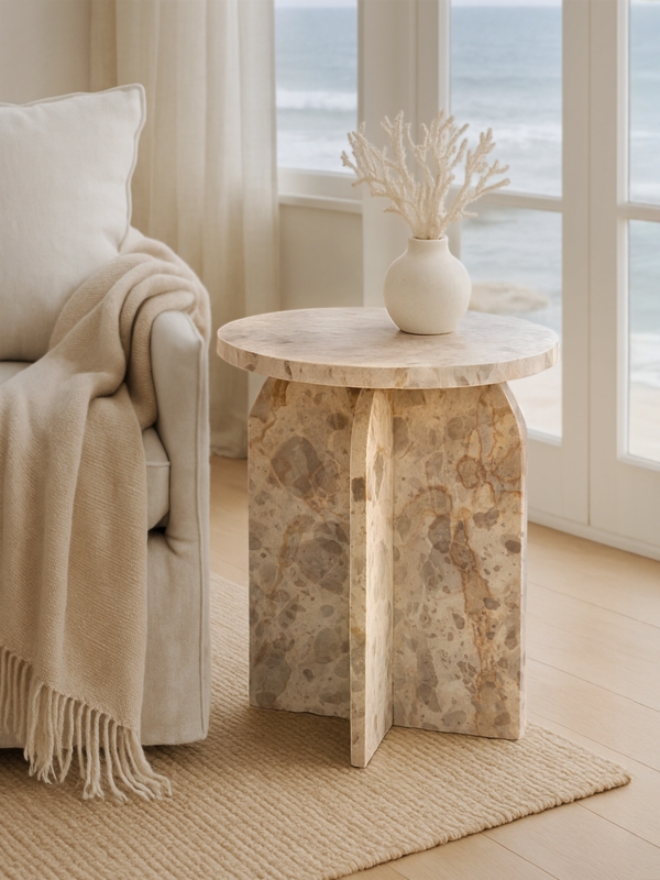 Side Table, Geometric Stacked Block Design, Stone-Like Marble Finish