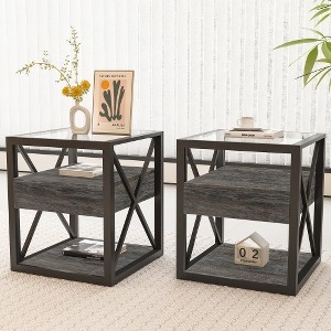 Side Table Glass and Wood Mix Three Tier Drawer X-Frame Industrial Gray
