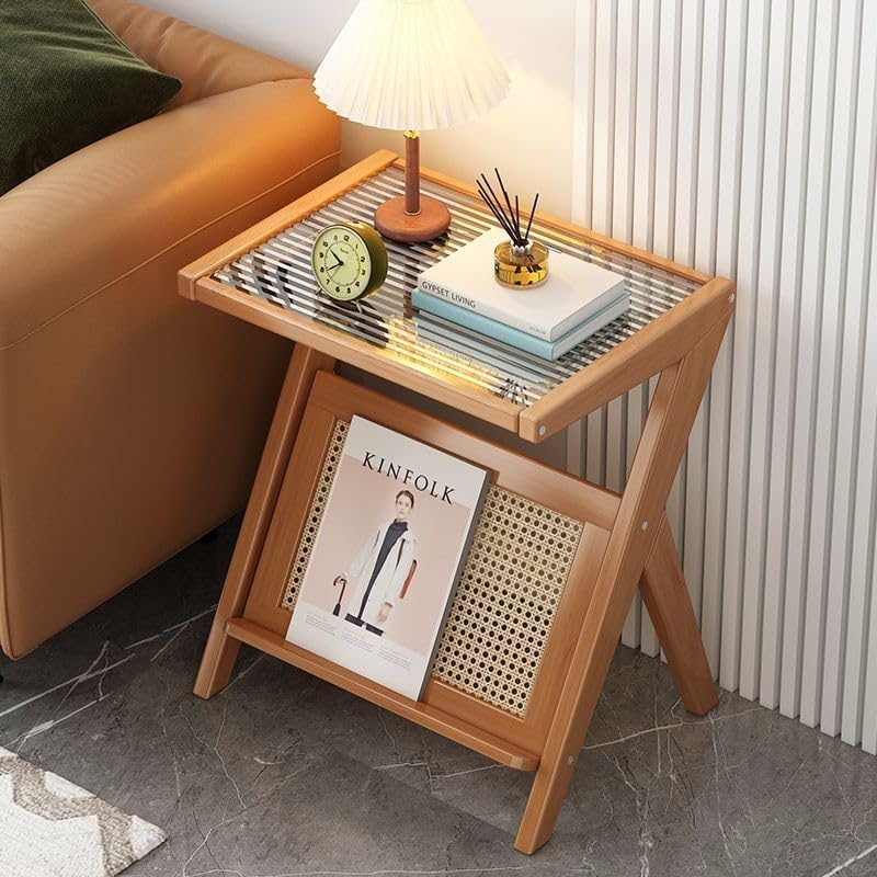 Side Table Glass Top Rattan Drum Vertical Ribbing