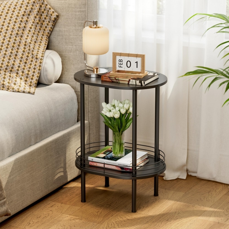 Side Table Gold Caps, Matte Black Metal Frame Two-Tier Minimalist.