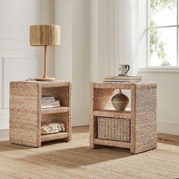 Side Table Grass Rope Wrap Two Shelves, Woven Grass Rope Side Tables style
