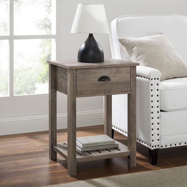 Side Table Grey Wash Finish Modern Farmhouse Distressed Drawer