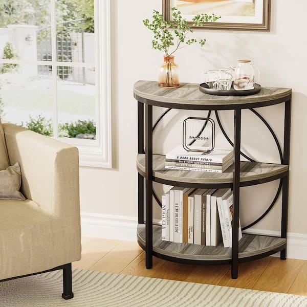 Side Table Half Round Top Three Tier Industrial Gray Wood Toned