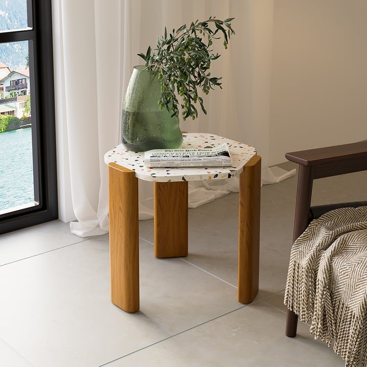 Side Table Hexagonal White Terrazzo Top Wood Tapered Legs Tripod