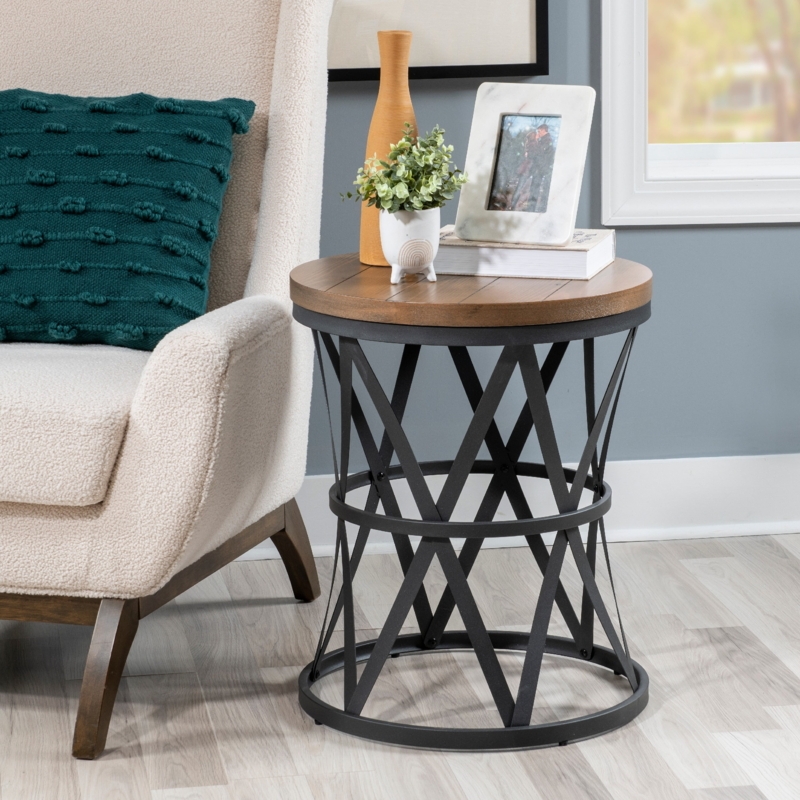 Side Table Industrial Barrel Base Perforated Metal Round Wood Top