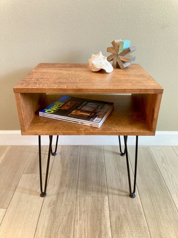 Side Table Industrial Modern Black Metal Hairpin Legs Wood Cubby