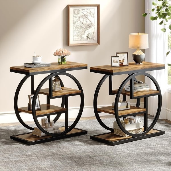 Side Table Industrial Narrow Four-Tier with Metal Mesh Basket