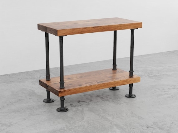 Side Table Industrial Pipe Frame Thick Wood Slabs Two Tier Rustic