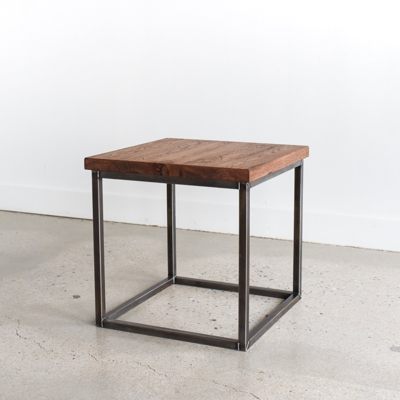 Side Table Industrial Reclaimed Wood Thick Top Box Frame Black Metal