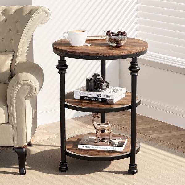 Side Table Industrial Round Two-Tier Wood and Metal