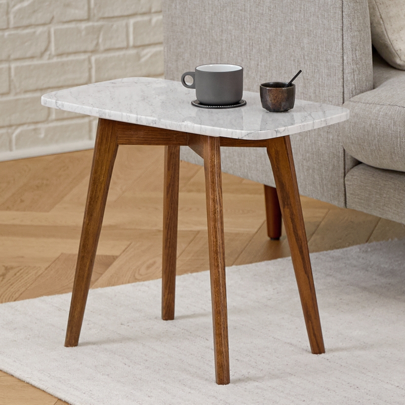 Side Table Inset Top Dark Brown Wood Mid Century Modern Marble End Table