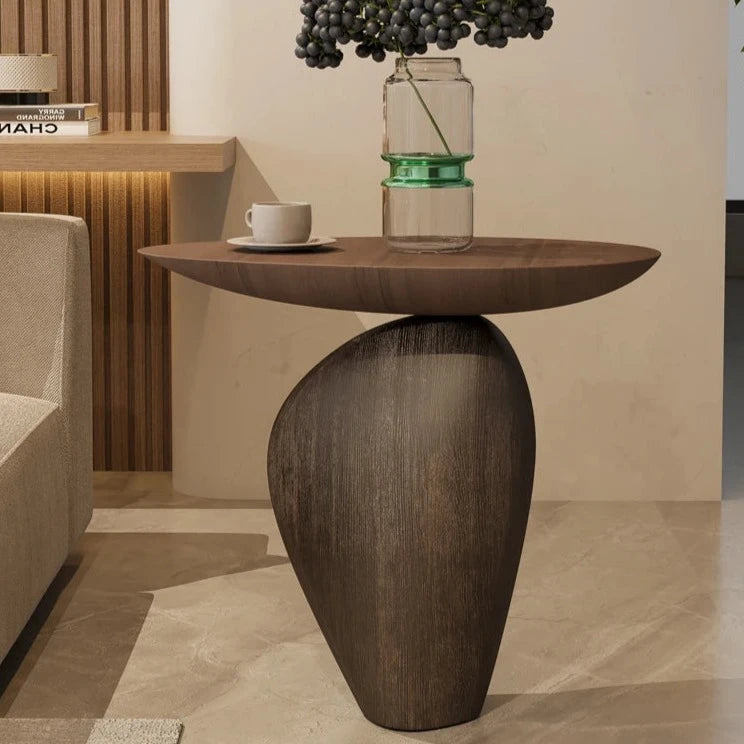 Side Table, Japandi Style, Chunky Geometric Form, Cream Stone Texture