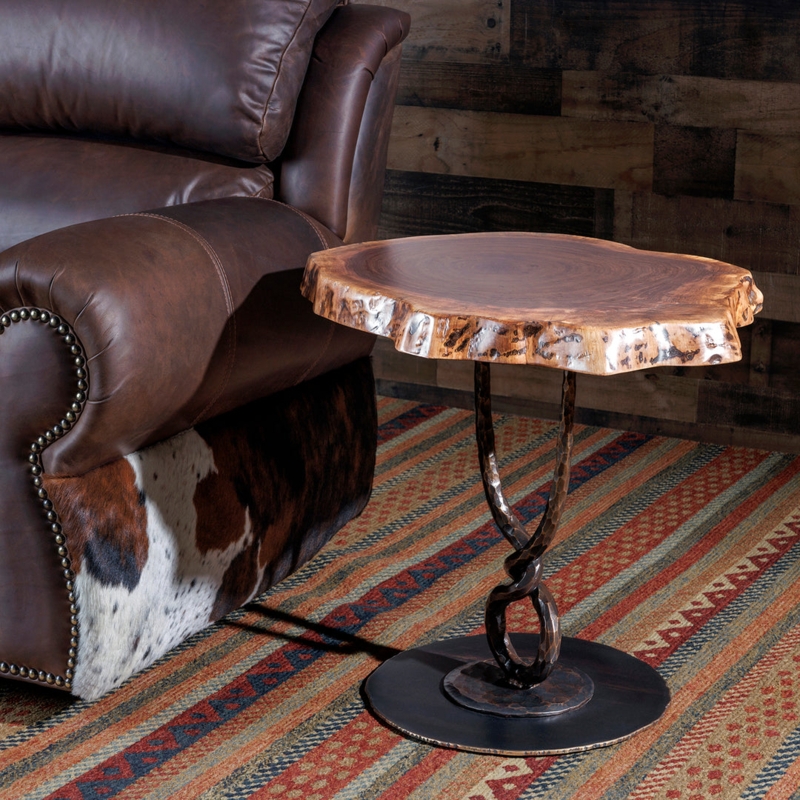 Side Table Live Edge Dark Walnut Top with Tripod Forged Iron Base