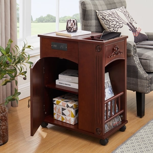 Side Table Mobile Charging End Table Espresso Built In Outlets Casters